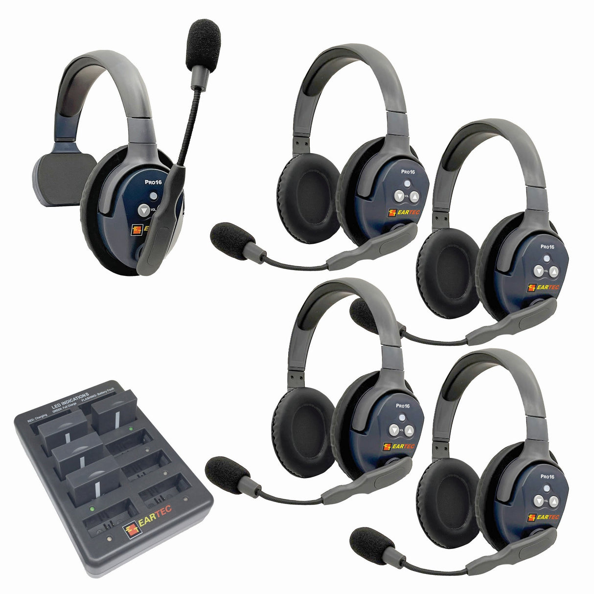 Eartec PRO16 Full Duplex True Wireless Headset Intercom Systems for 2 - 6 Users - 5-Users: 1x Single Main, 4x Double