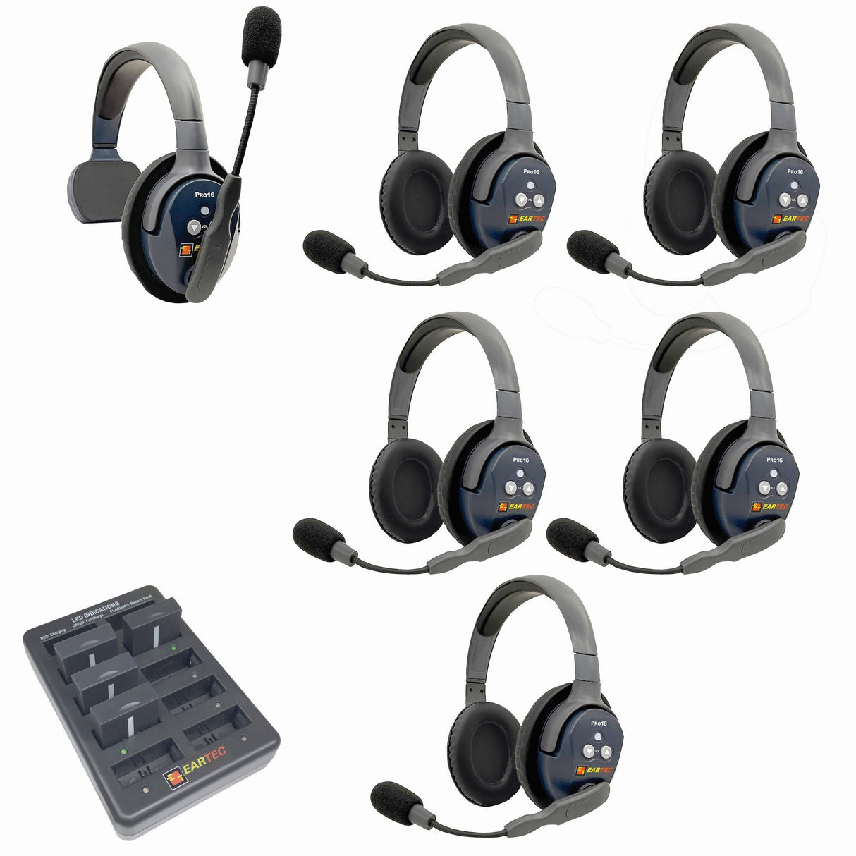 Eartec PRO16 Full Duplex True Wireless Headset Intercom Systems for 2 - 6 Users - 6-Users: 1x Single Main, 5x Double