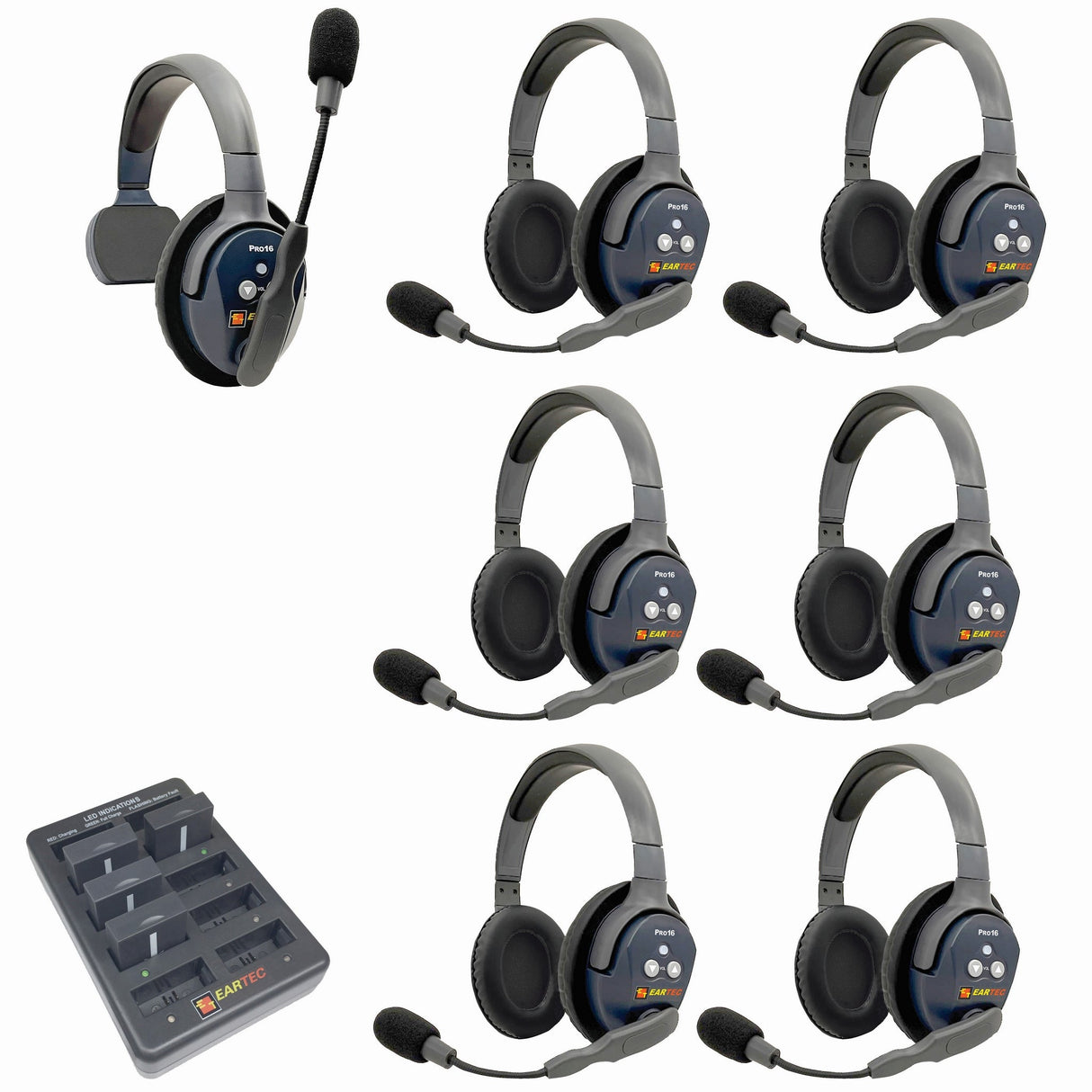 Eartec PRO16 Full Duplex True Wireless Headset Intercom Systems for 7 - 9 Users - 7-Users: 1x Single Main, 6x Double