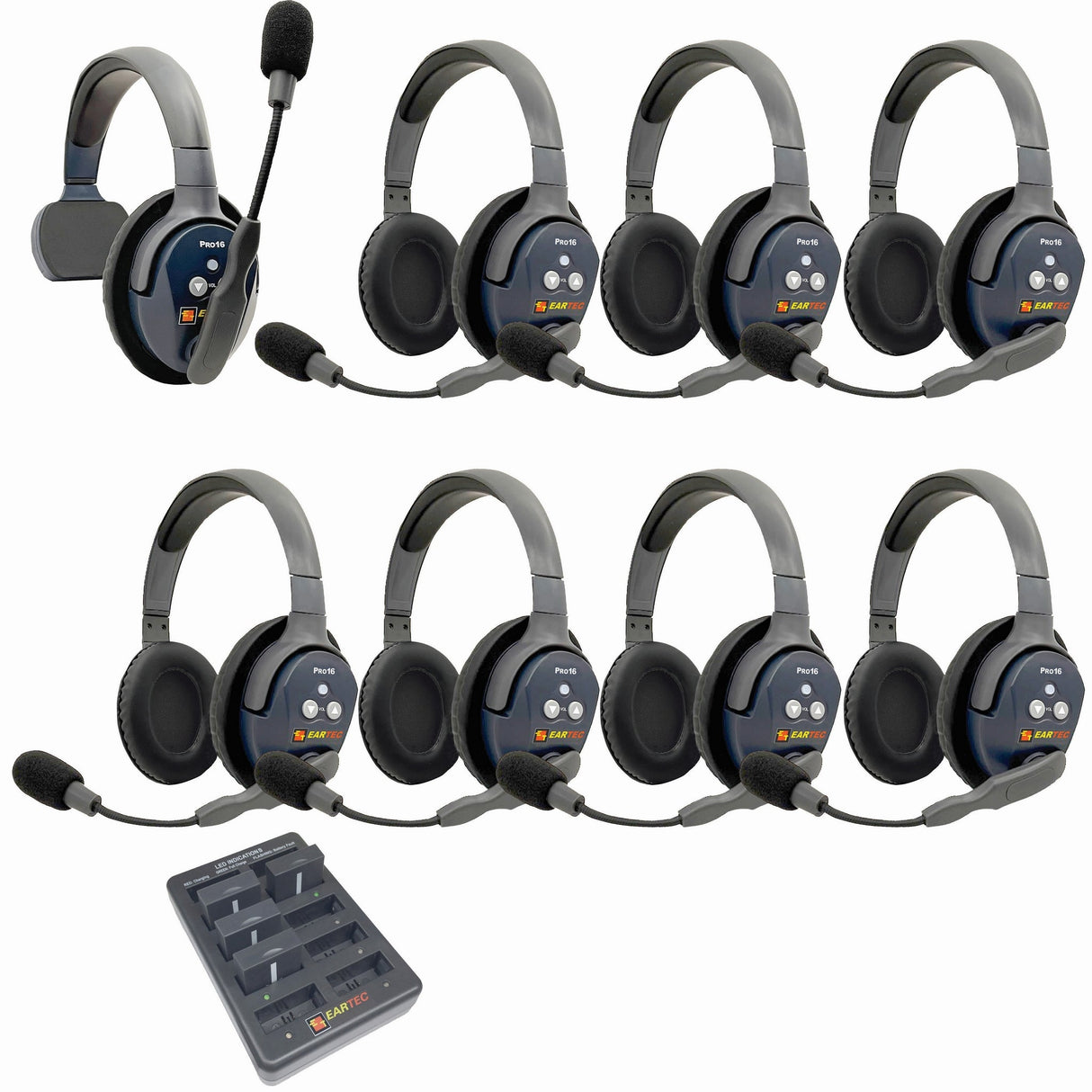 Eartec PRO16 Full Duplex True Wireless Headset Intercom Systems for 7 - 9 Users - 8-Users: 1x Single Main, 7x Double