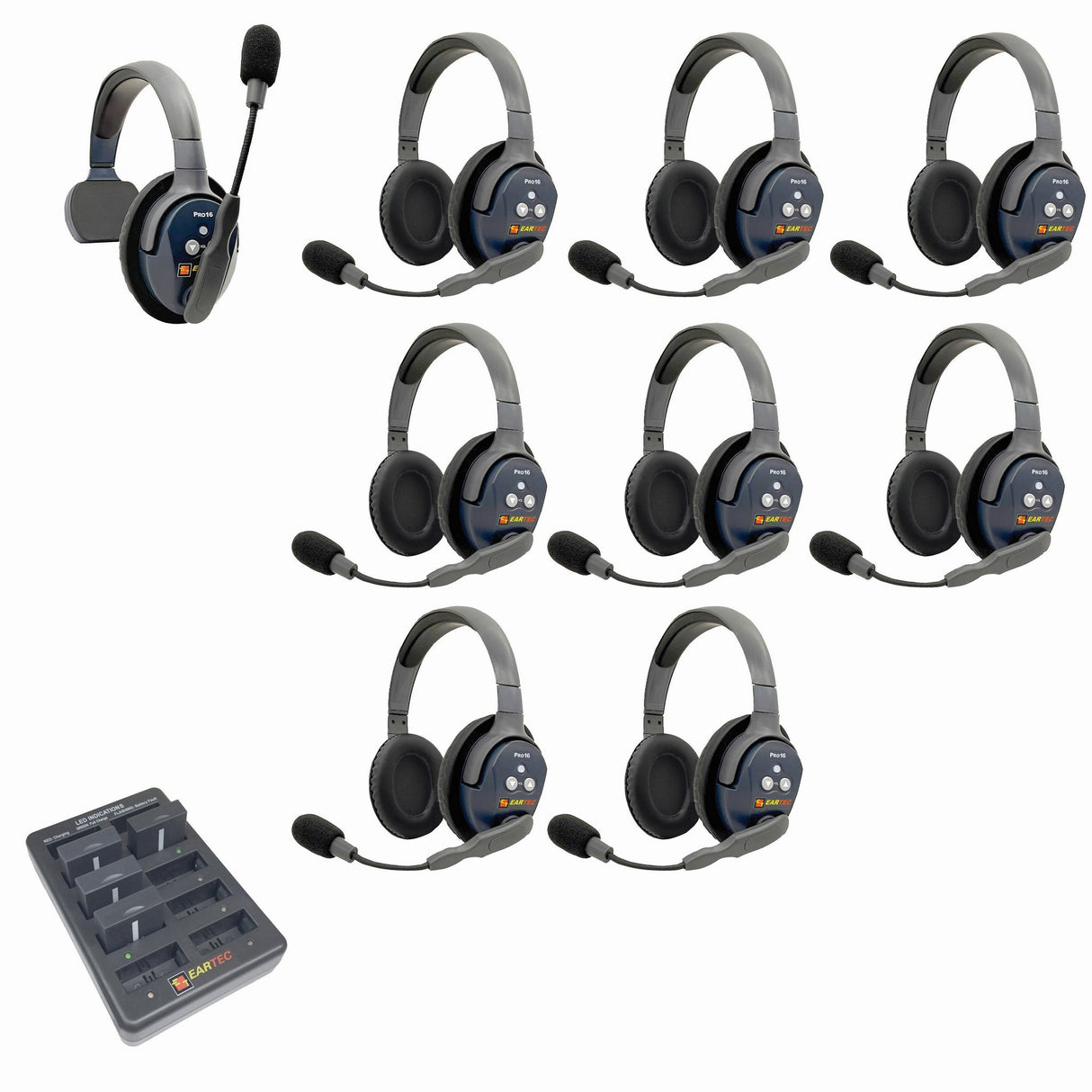 Eartec PRO16 Full Duplex True Wireless Headset Intercom Systems for 7 - 9 Users - 9-Users: 1x Single Main, 8x Double