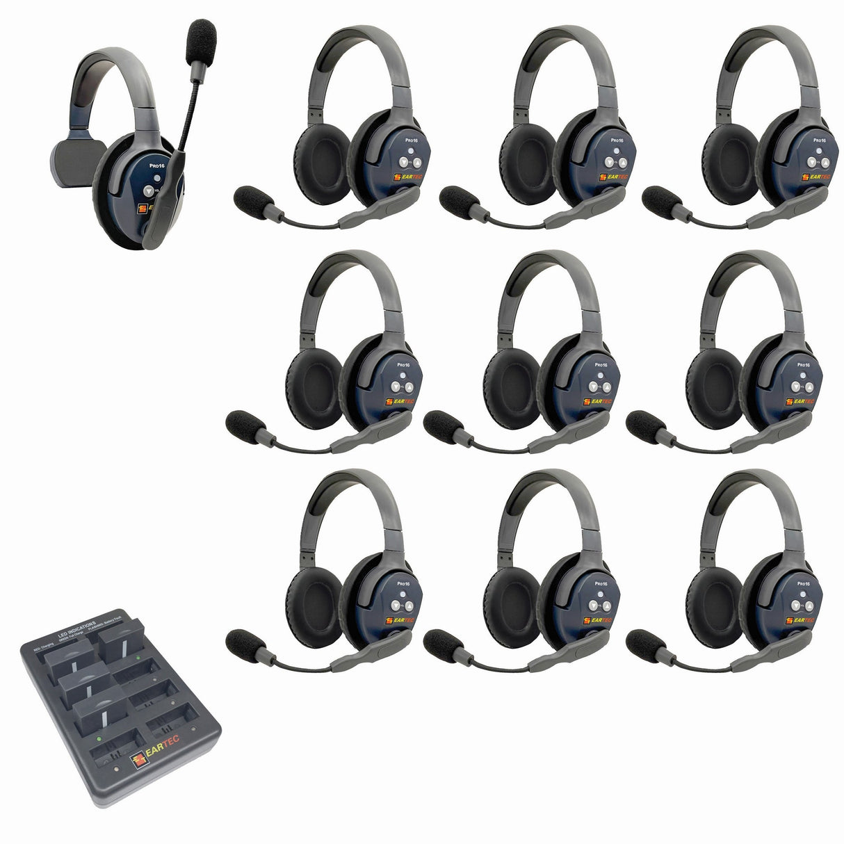 Eartec PRO16 Full Duplex True Wireless Headset Intercom Systems for 10 - 11 Users - 10-Users: 1x Single Main, 9x Double