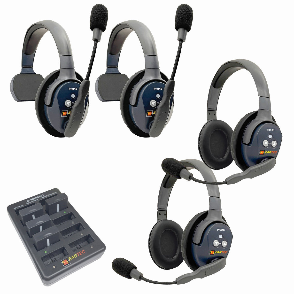 Eartec PRO16 Full Duplex True Wireless Headset Intercom Systems for 2 - 6 Users - 4-Users: 1x Single Main, 1x Single