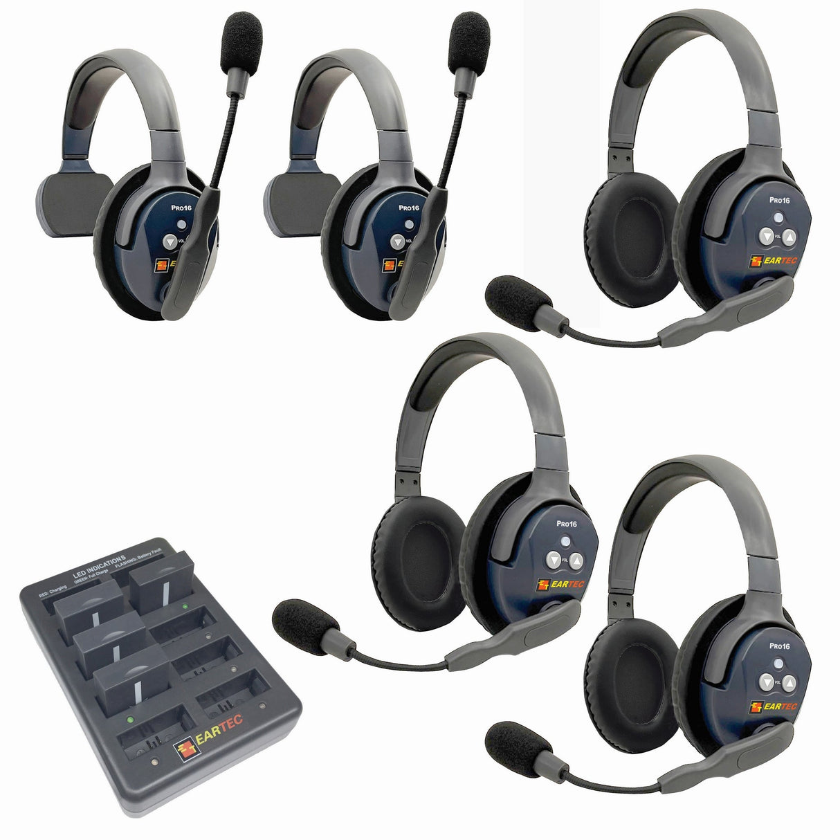 Eartec PRO16 Full Duplex True Wireless Headset Intercom Systems for 2 - 6 Users - 5-Users: 1x Single Main, 1x Single