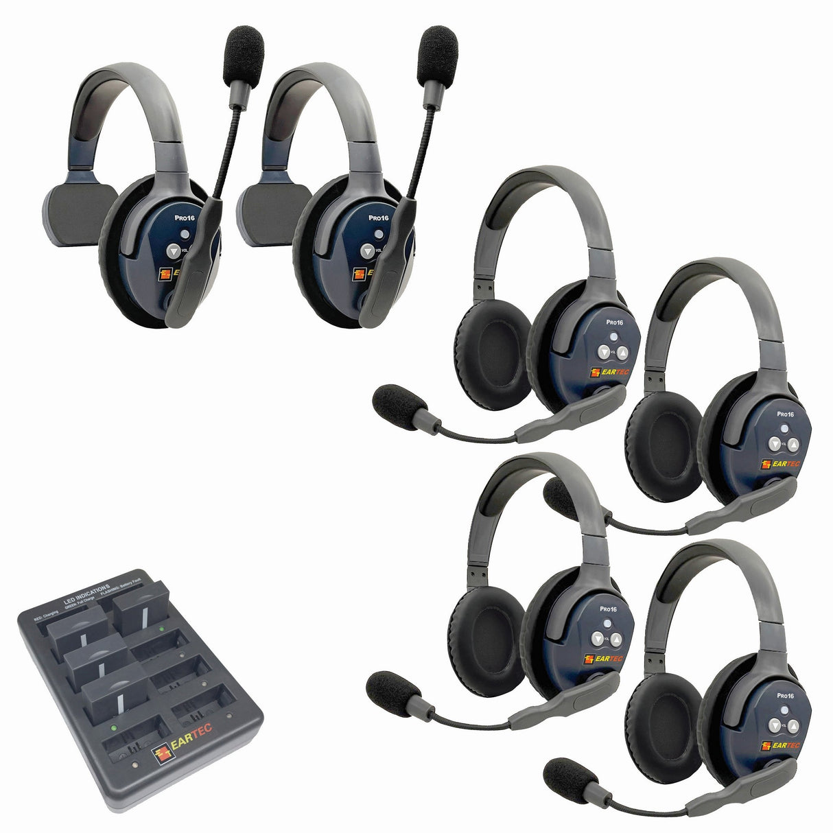 Eartec PRO16 Full Duplex True Wireless Headset Intercom Systems for 2 - 6 Users - 6-Users: 1x Single Main, 1x Single