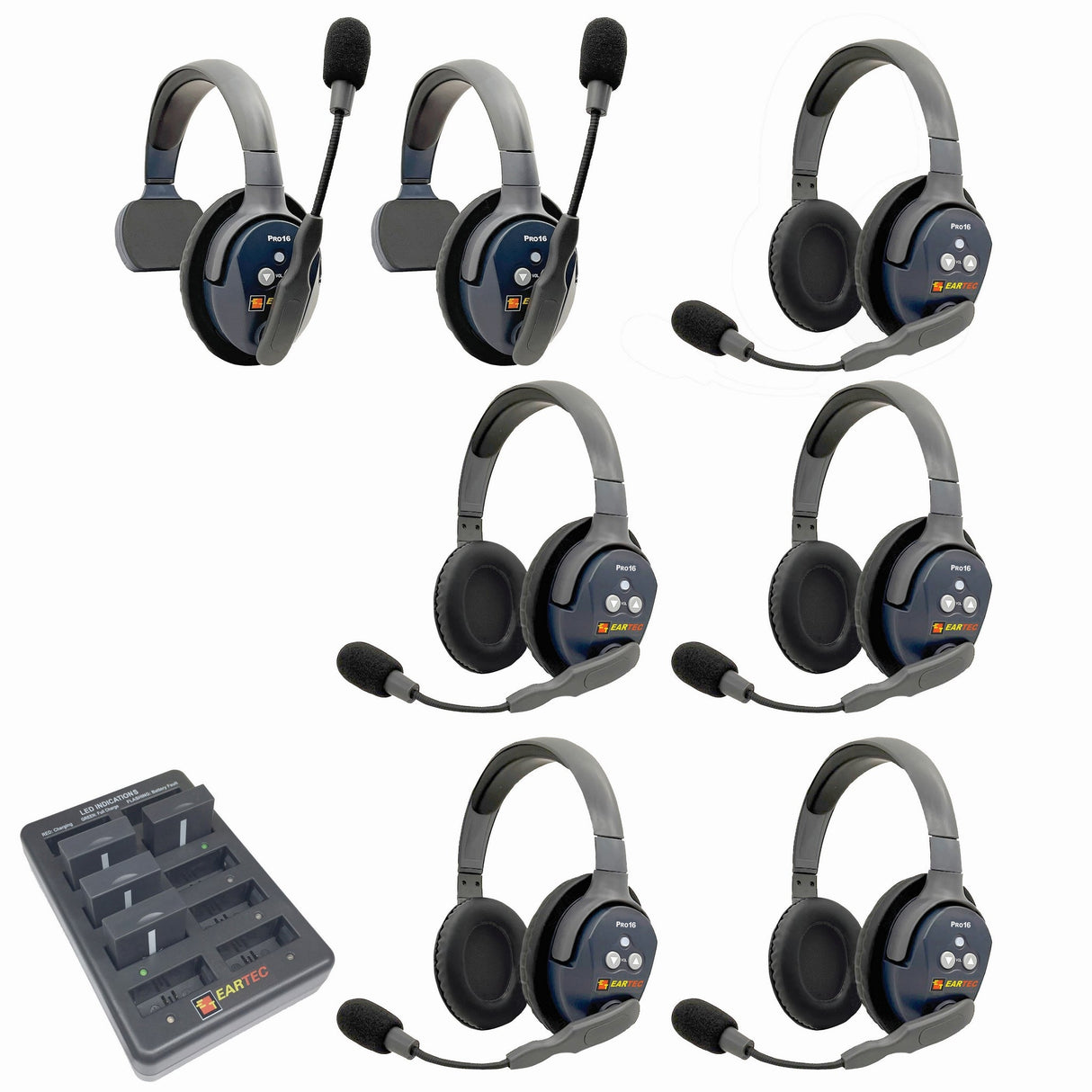 Eartec PRO16 Full Duplex True Wireless Headset Intercom Systems for 7 - 9 Users - 7-Users: 1x Single Main, 1x Single