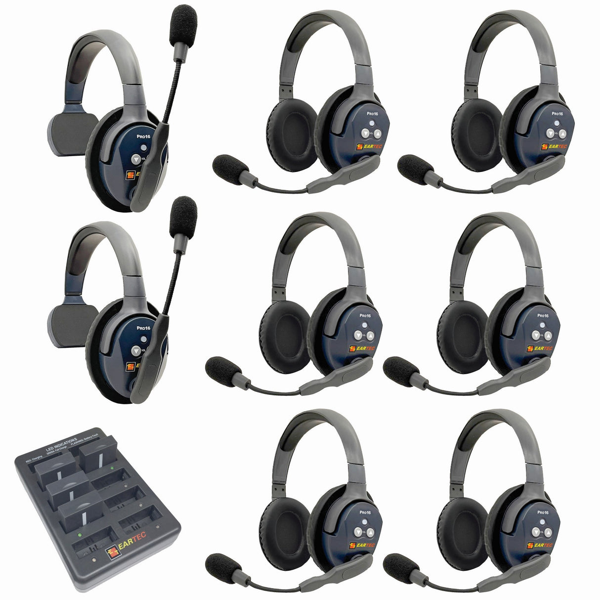 Eartec PRO16 Full Duplex True Wireless Headset Intercom Systems for 7 - 9 Users - 8-Users: 1x Single Main, 1x Single