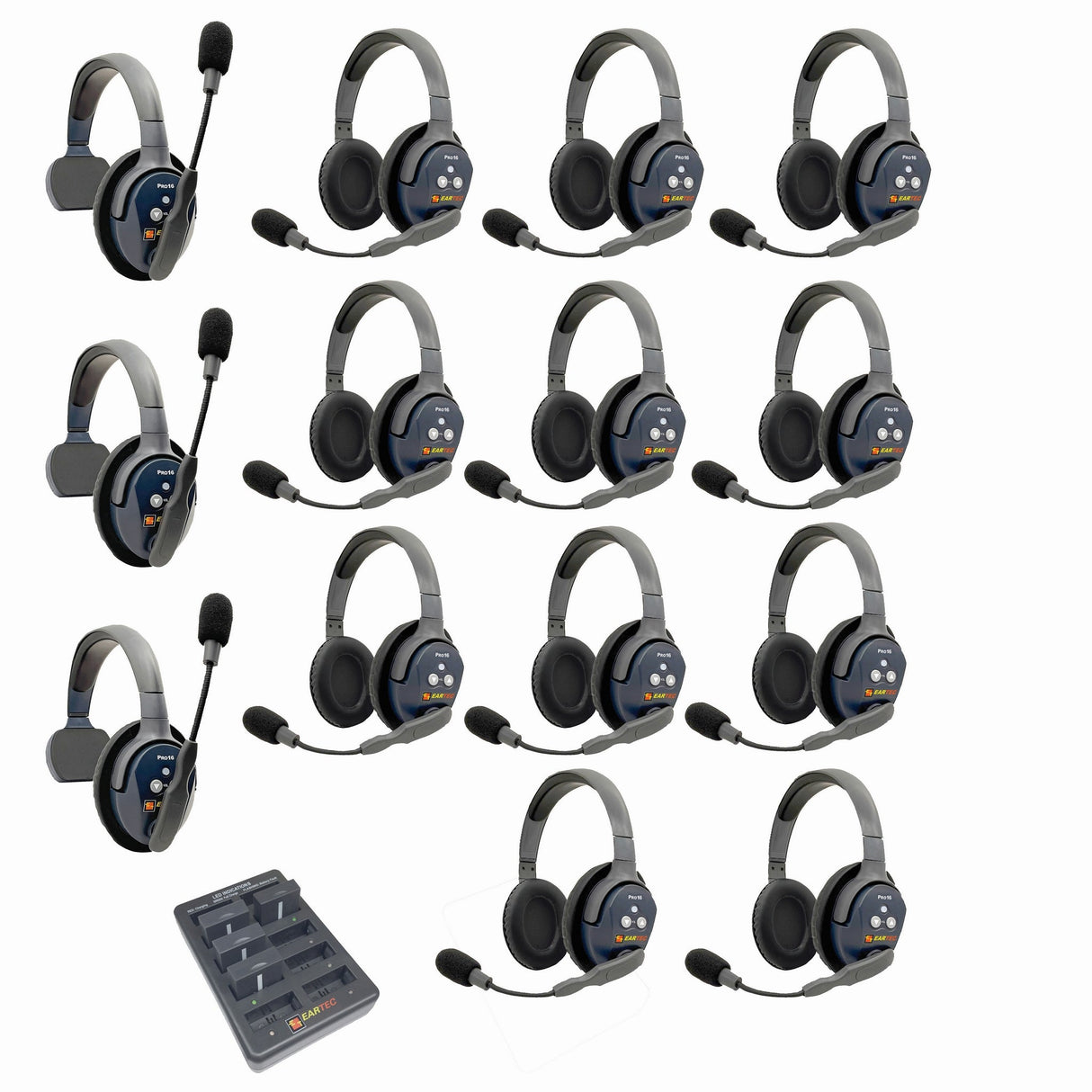 Eartec PRO16 Full Duplex True Wireless Headset Intercom Systems for 14-Users - 1x Single Main, 2x Single Remote, 11x