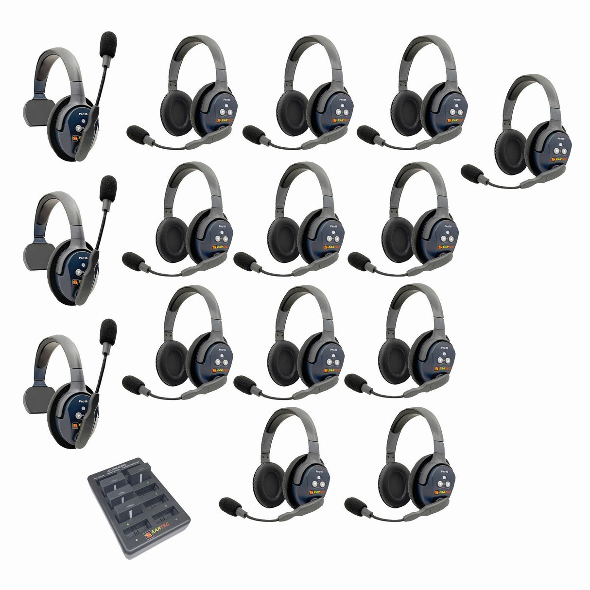 Eartec PRO16 Full Duplex True Wireless Headset Intercom Systems for 15-Users - 1x Single Main, 2x Single Remote, 12x