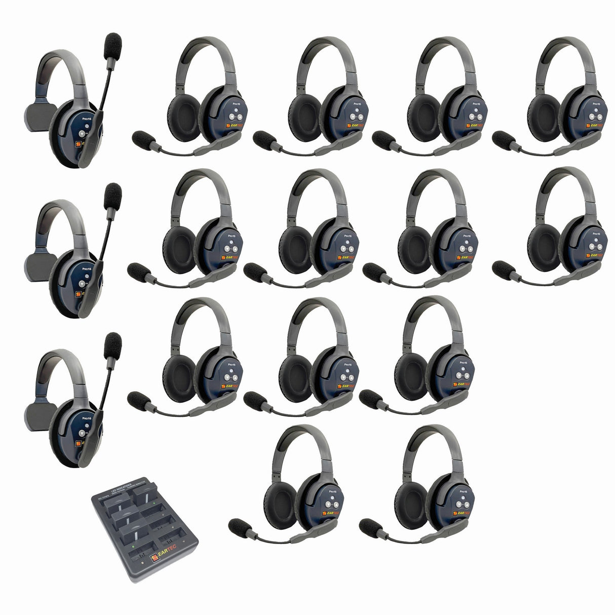 Eartec PRO16 Full Duplex True Wireless Headset Intercom Systems for 16-Users - 1x Single Main, 2x Single Remote, 13x