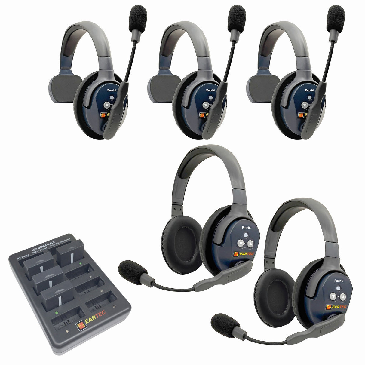 Eartec PRO16 Full Duplex True Wireless Headset Intercom Systems for 2 - 6 Users - 5-Users: 1x Single Main, 2x Single