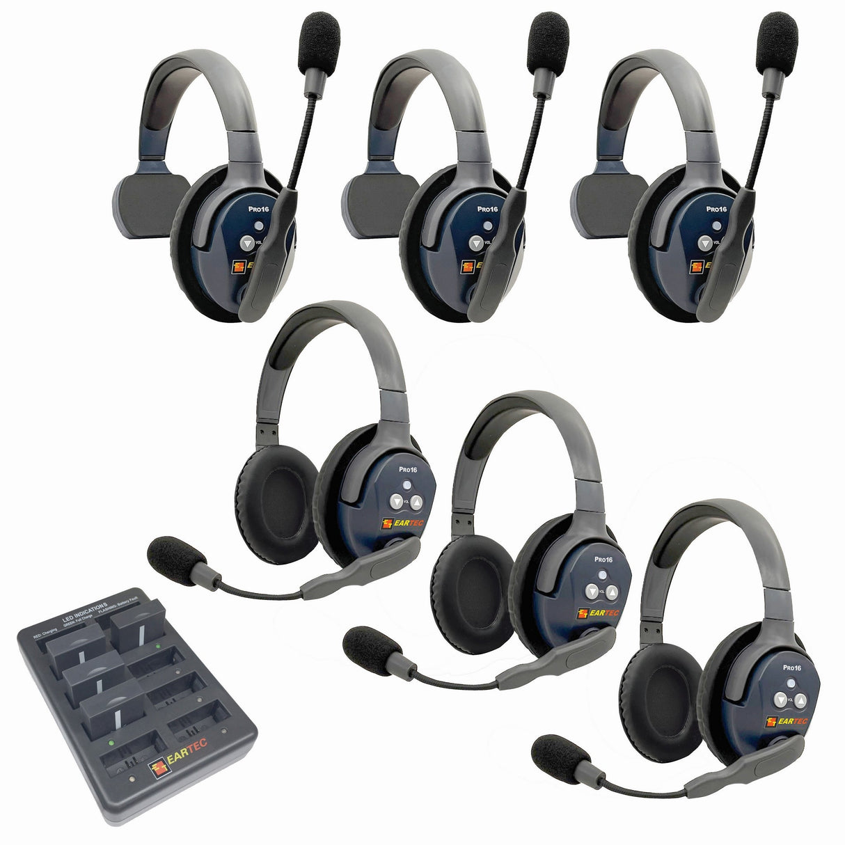 Eartec PRO16 Full Duplex True Wireless Headset Intercom Systems for 2 - 6 Users - 6-Users: 1x Single Main, 2x Single