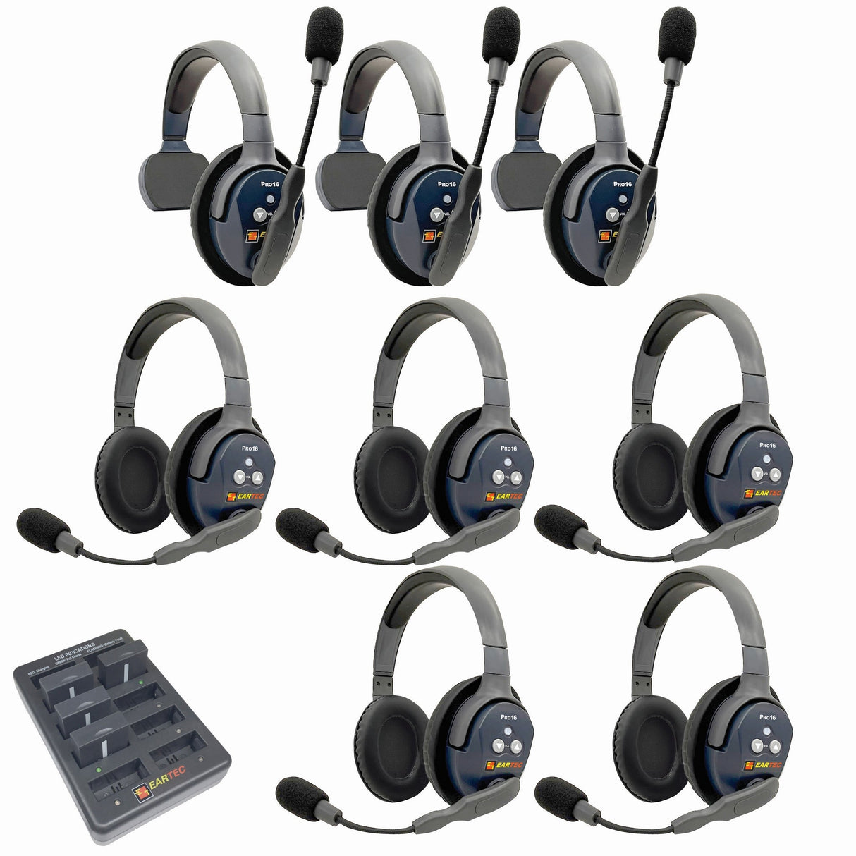 Eartec PRO16 Full Duplex True Wireless Headset Intercom Systems for 7 - 9 Users - 8-Users: 1x Single Main, 2x Single