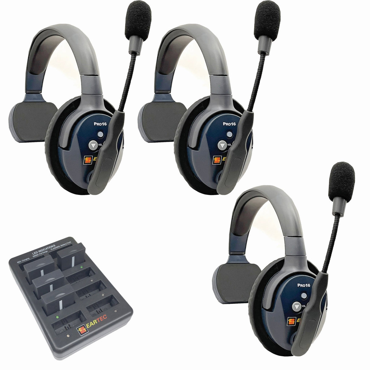 Eartec PRO16 Full Duplex True Wireless Headset Intercom Systems for 2 - 6 Users - 3-Users: 1x Single Main, 2x Single