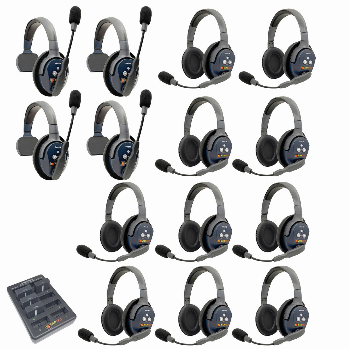 Eartec PRO16 Full Duplex True Wireless Headset Intercom Systems for 14-Users - 1x Single Main, 3x Single Remote, 10x
