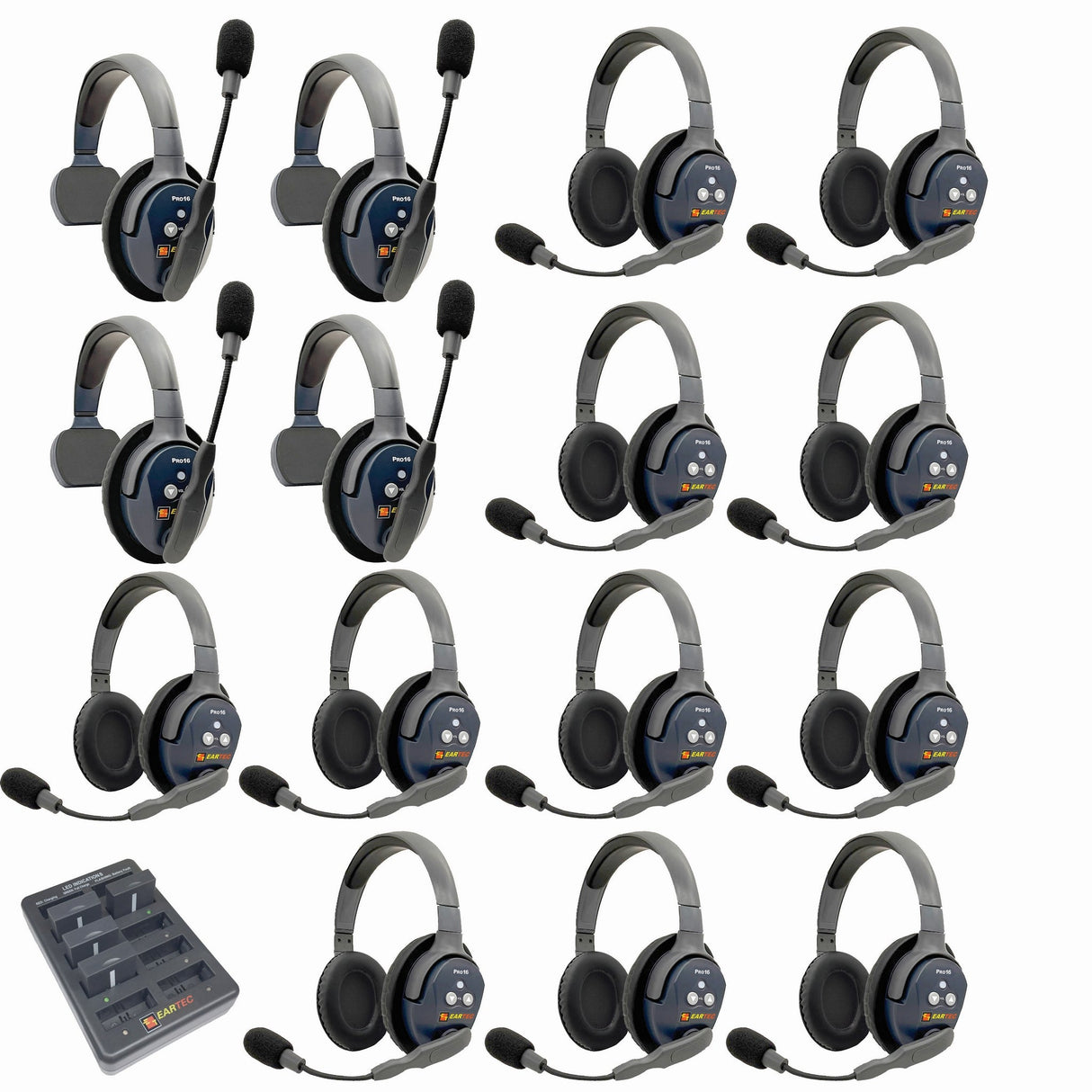 Eartec PRO16 Full Duplex True Wireless Headset Intercom Systems for 15-Users - 1x Single Main, 3x Single Remote, 11x