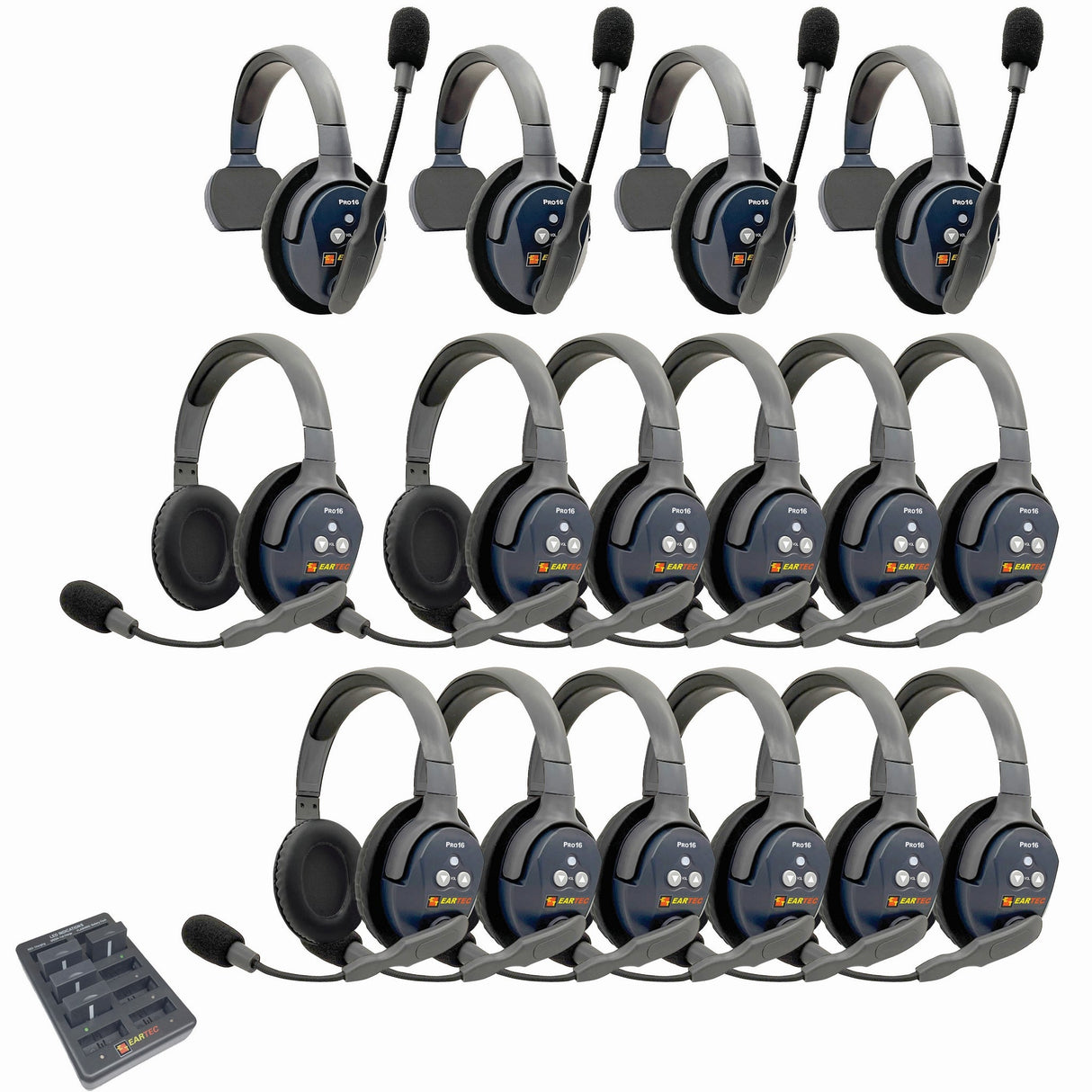 Eartec PRO16 Full Duplex True Wireless Headset Intercom Systems for 16-Users - 1x Single Main, 3x Single Remote, 12x