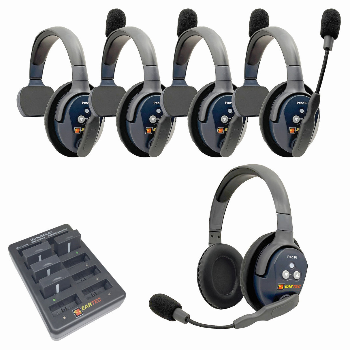 Eartec PRO16 Full Duplex True Wireless Headset Intercom Systems for 2 - 6 Users - 5-Users: 1x Single Main, 3x Single