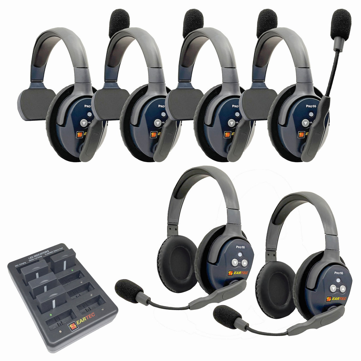 Eartec PRO16 Full Duplex True Wireless Headset Intercom Systems for 2 - 6 Users - 6-Users: 1x Single Main, 3x Single