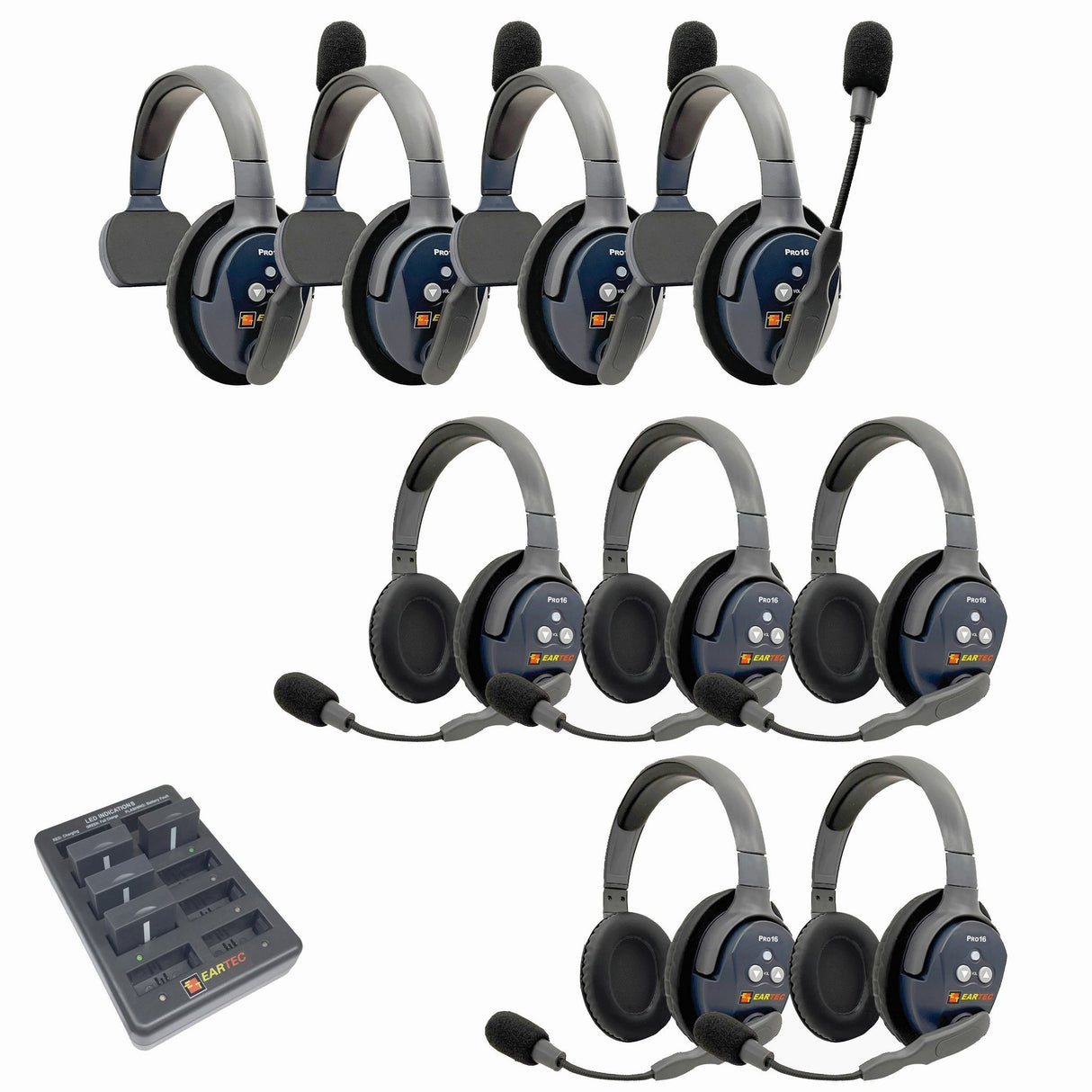 Eartec PRO16 Full Duplex True Wireless Headset Intercom Systems for 7 - 9 Users - 9-Users: 1x Single Main, 3x Single
