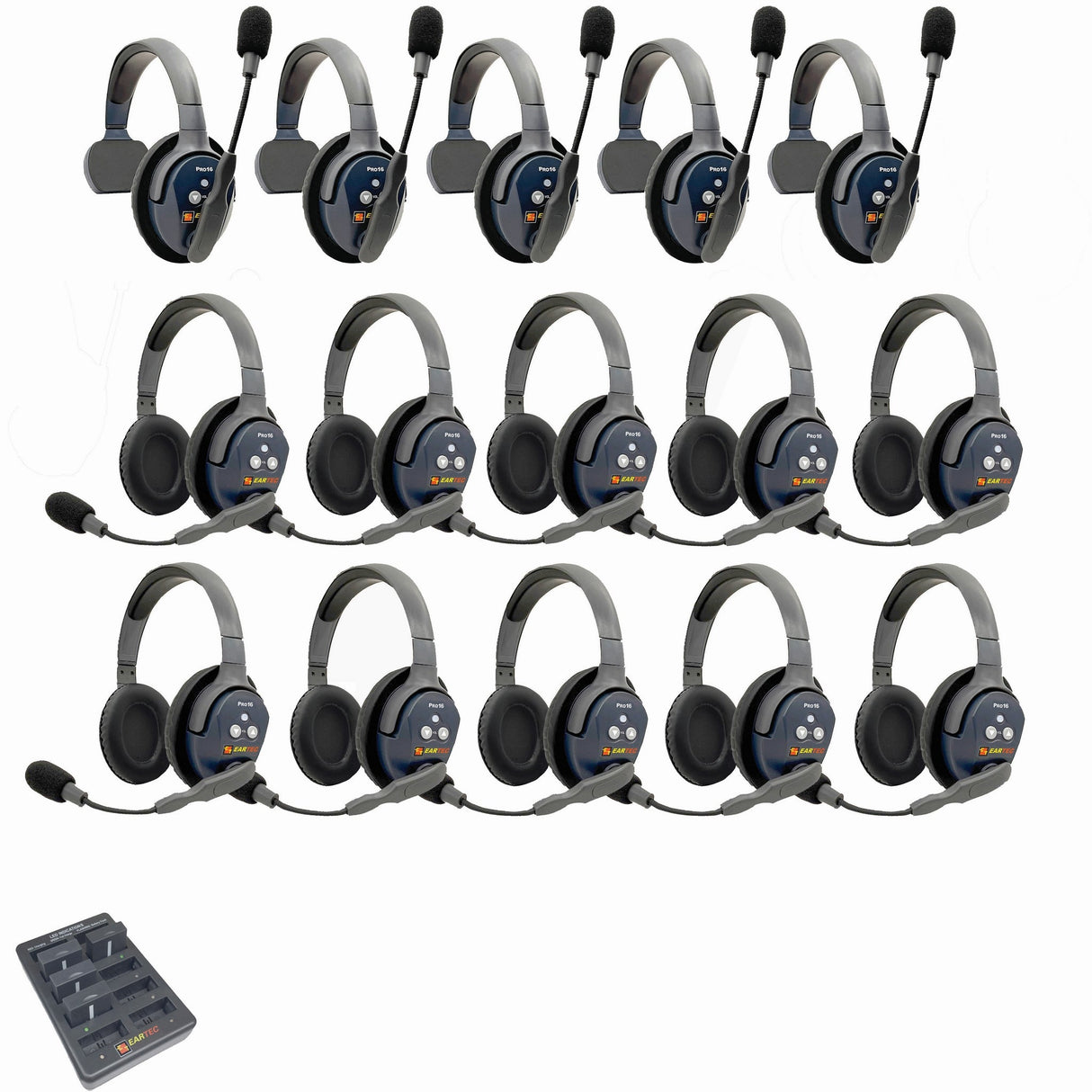 Eartec PRO16 Full Duplex True Wireless Headset Intercom Systems for 15-Users - 1x Single Main, 4x Single Remote, 10x