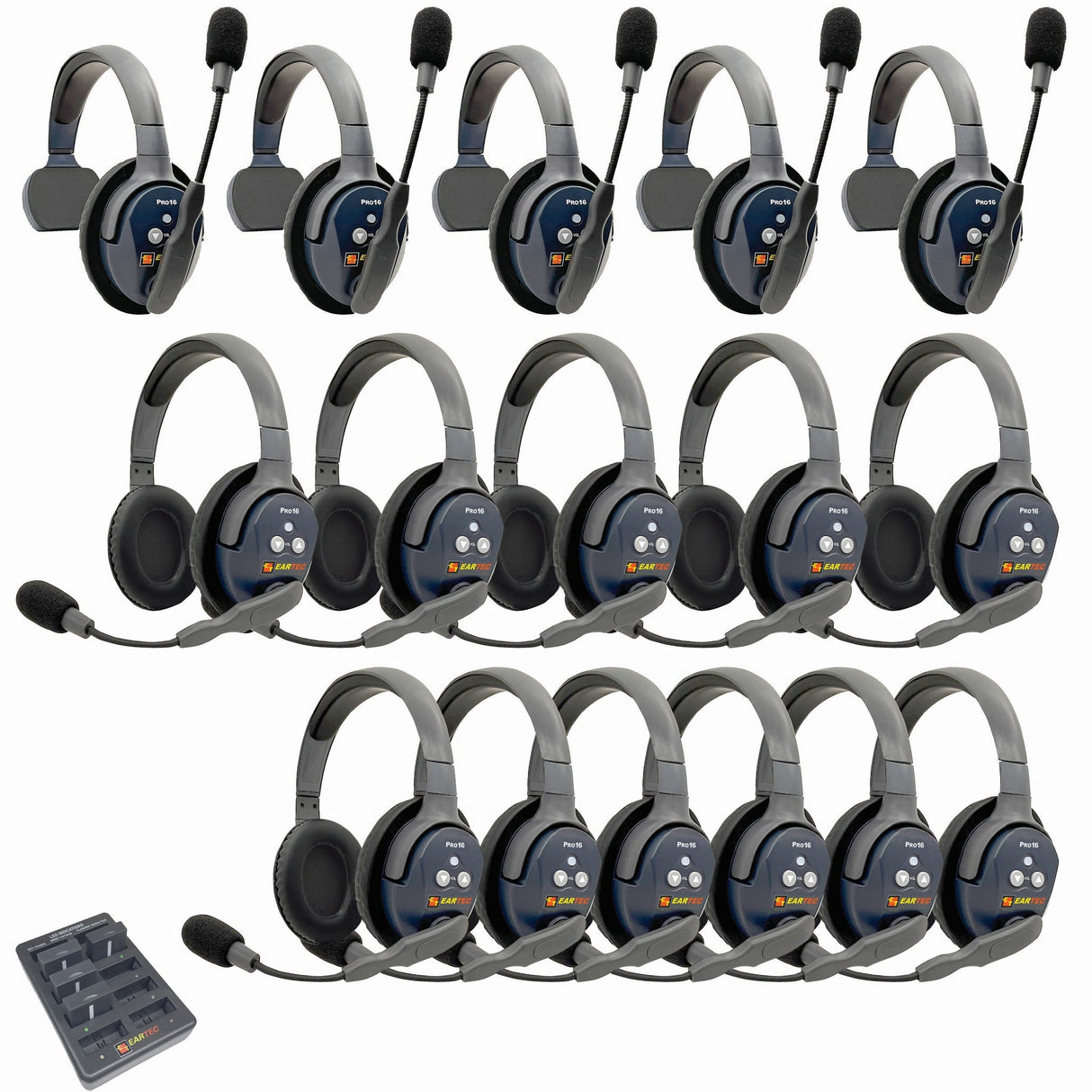 Eartec PRO16 Full Duplex True Wireless Headset Intercom Systems for 16-Users - 1x Single Main, 4x Single Remote, 11x
