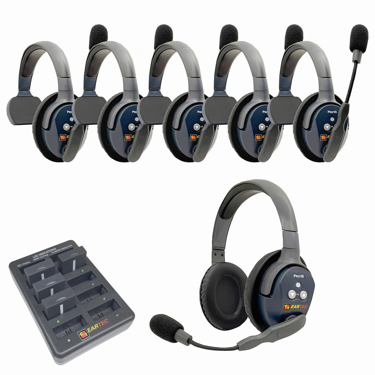 Eartec PRO16 Full Duplex True Wireless Headset Intercom Systems for 2 - 6 Users - 6-Users: 1x Single Main, 4x Single