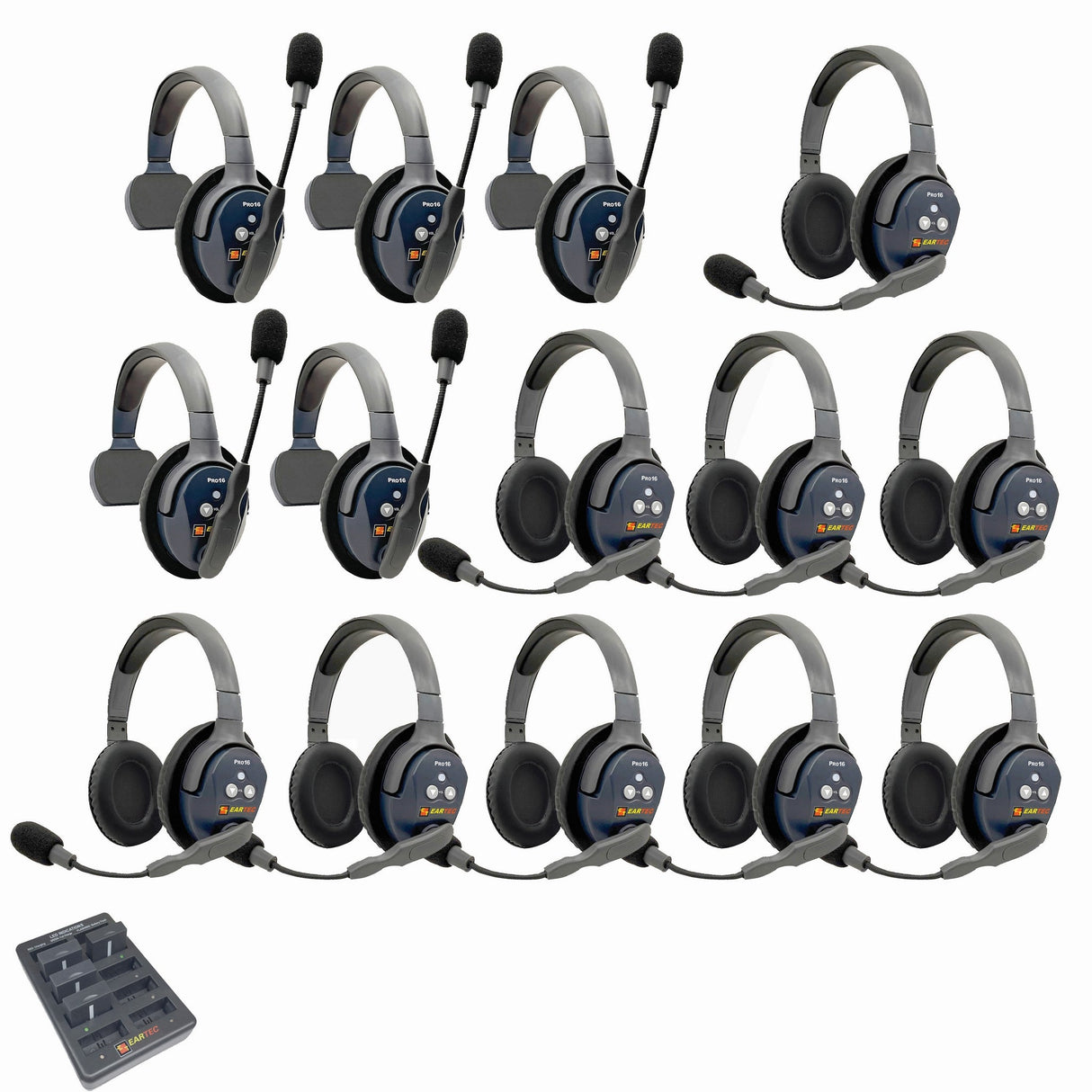Eartec PRO16 Full Duplex True Wireless Headset Intercom Systems for 14-Users - 1x Single Main, 4x Single Remote, 9x