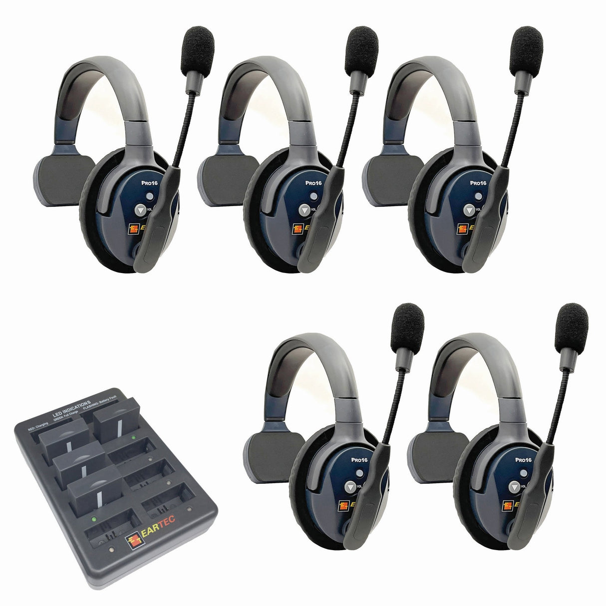 Eartec PRO16 Full Duplex True Wireless Headset Intercom Systems for 2 - 6 Users - 5-Users: 1x Single Main, 4x Single