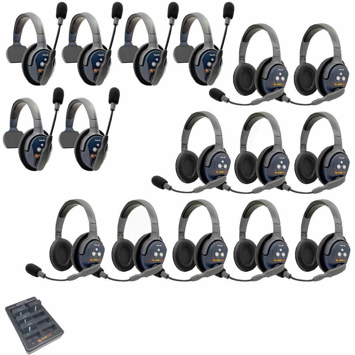 Eartec PRO16 Full Duplex True Wireless Headset Intercom Systems for 16-Users - 1x Single Main, 6x Single Remote, 10x