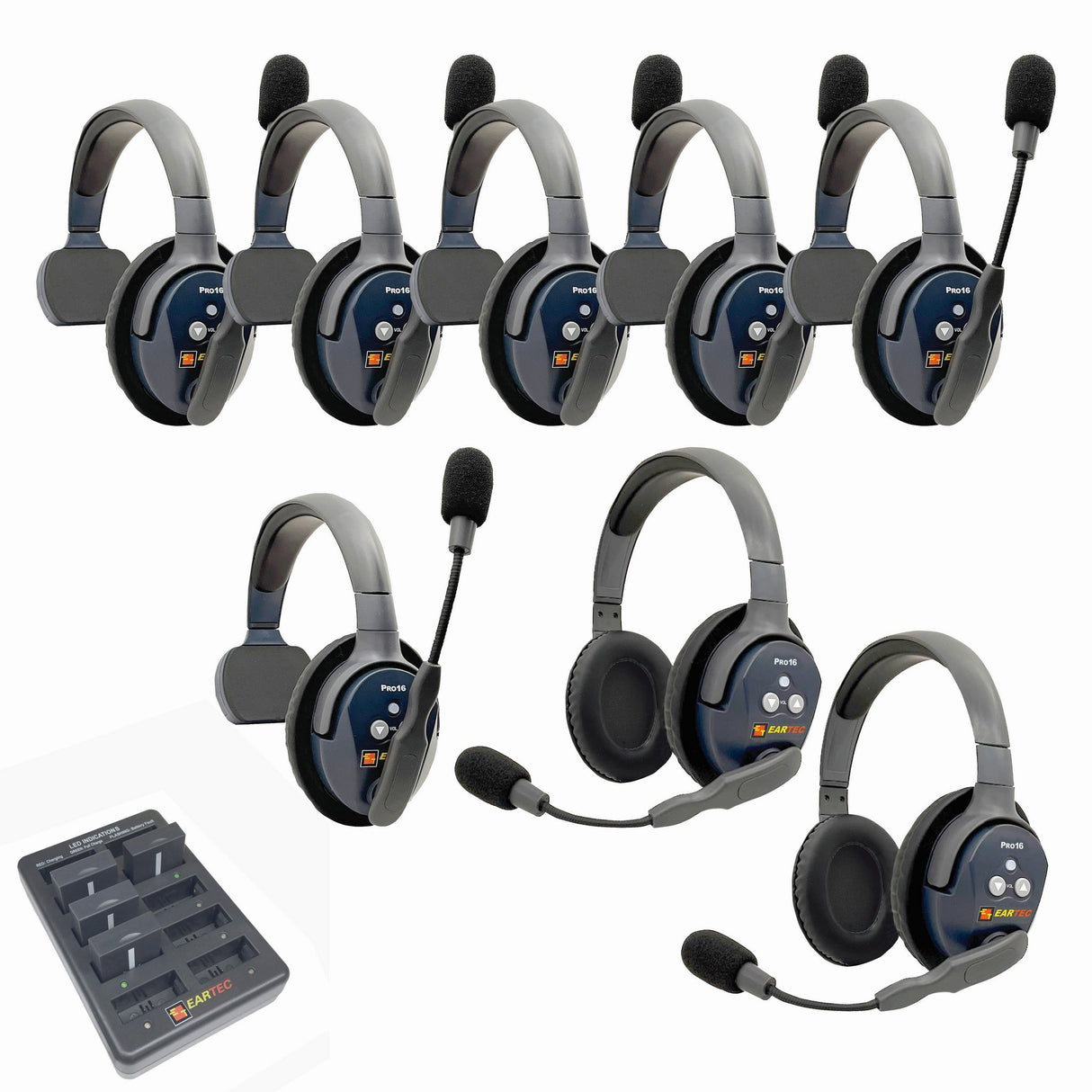 Eartec PRO16 Full Duplex True Wireless Headset Intercom Systems for 7 - 9 Users - 8-Users: 1x Single Main, 5x Single
