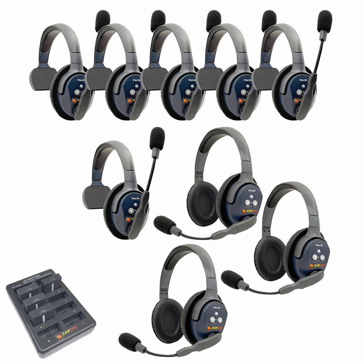 Eartec PRO16 Full Duplex True Wireless Headset Intercom Systems for 7 - 9 Users - 9-Users: 1x Single Main, 5x Single