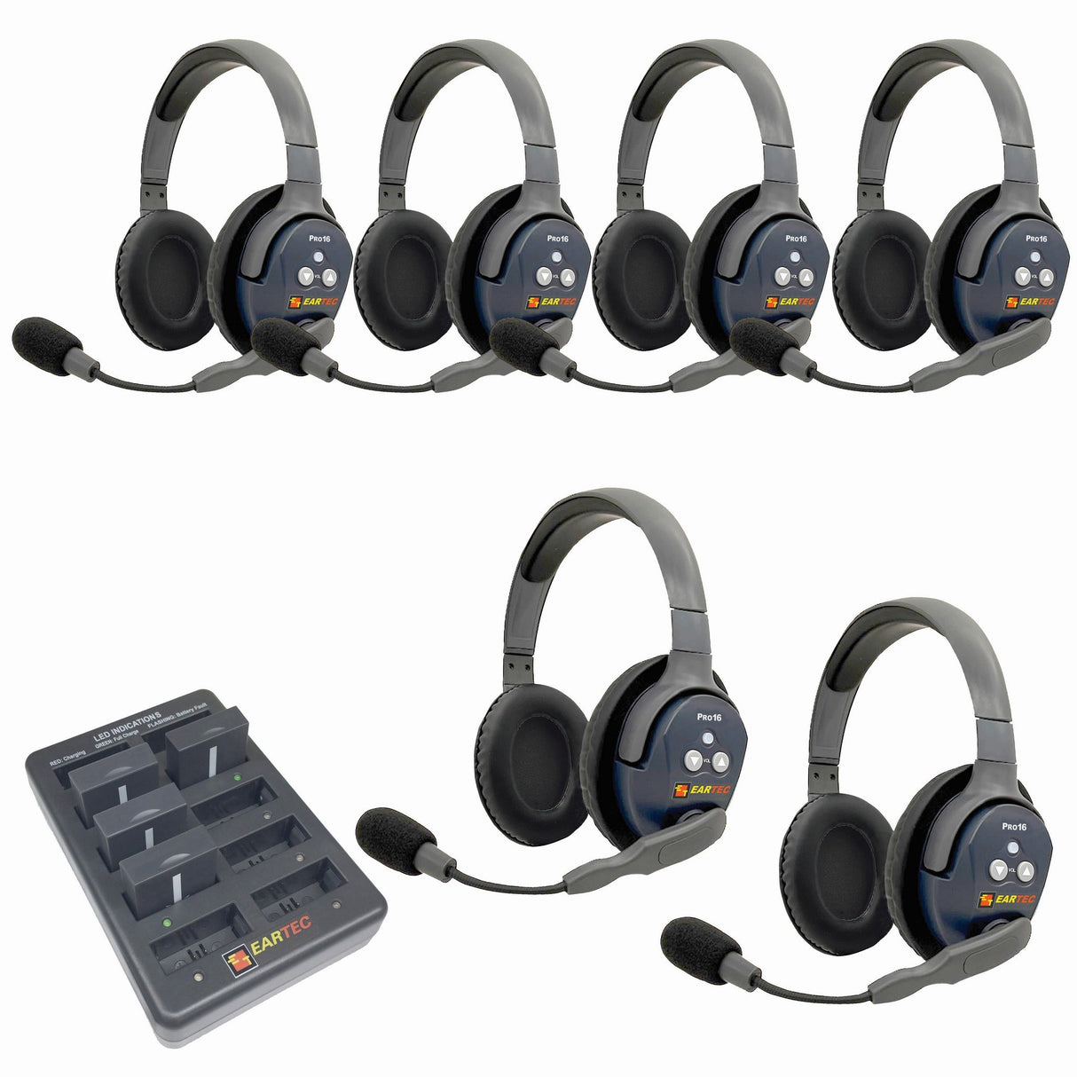 Eartec PRO16 Full Duplex True Wireless Headset Intercom Systems for 2 - 6 Users - 6-Users: 1x Double Main, 5x Double