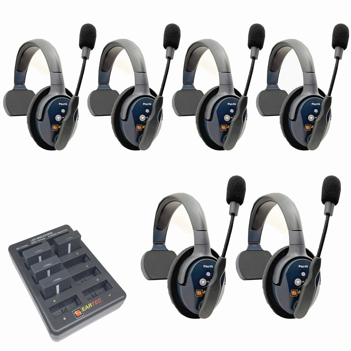 Eartec PRO16 Full Duplex True Wireless Headset Intercom Systems for 2 - 6 Users - 6-Users: 1x Single Main, 5x Single