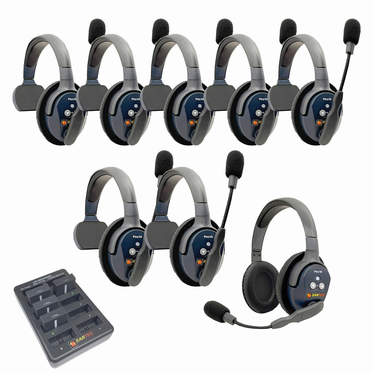 Eartec PRO16 Full Duplex True Wireless Headset Intercom Systems for 7 - 9 Users - 8-Users: 1x Single Main, 6x Single