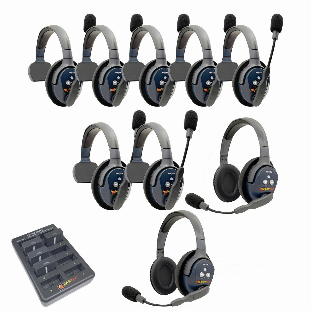 Eartec PRO16 Full Duplex True Wireless Headset Intercom Systems for 7 - 9 Users - 9-Users: 1x Single Main, 6x Single