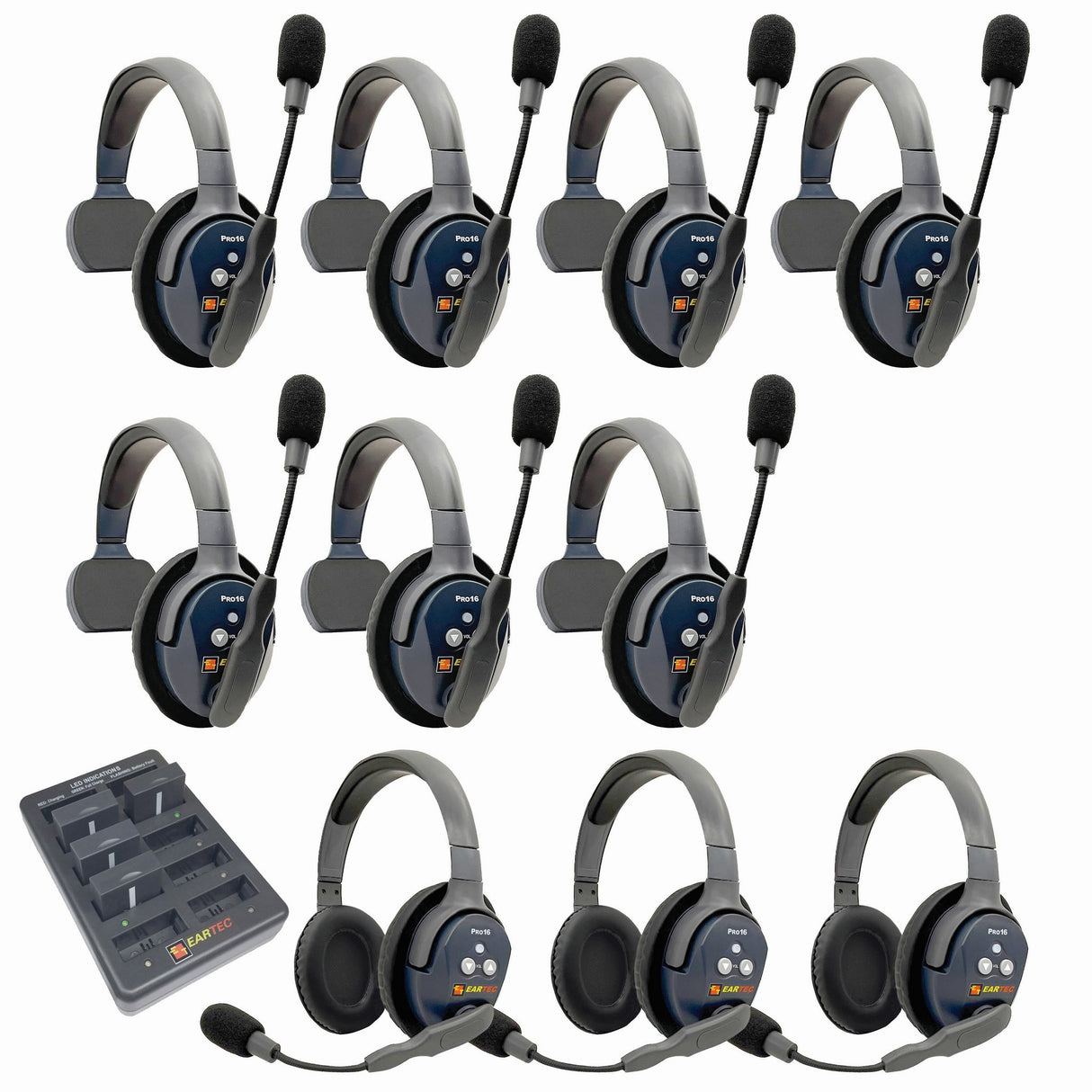 Eartec PRO16 Full Duplex True Wireless Headset Intercom Systems for 10 - 11 Users - 10-Users: 1x Single Main, 6x Single