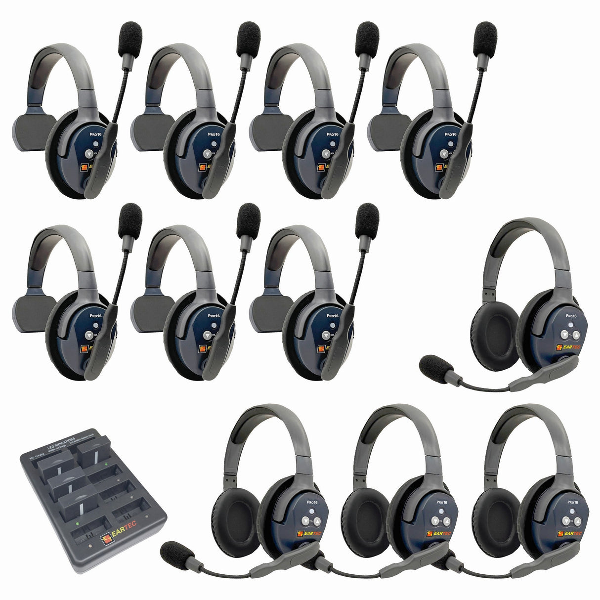 Eartec PRO16 Full Duplex True Wireless Headset Intercom Systems for 10 - 11 Users - 11-Users: 1x Single Main, 6x Single