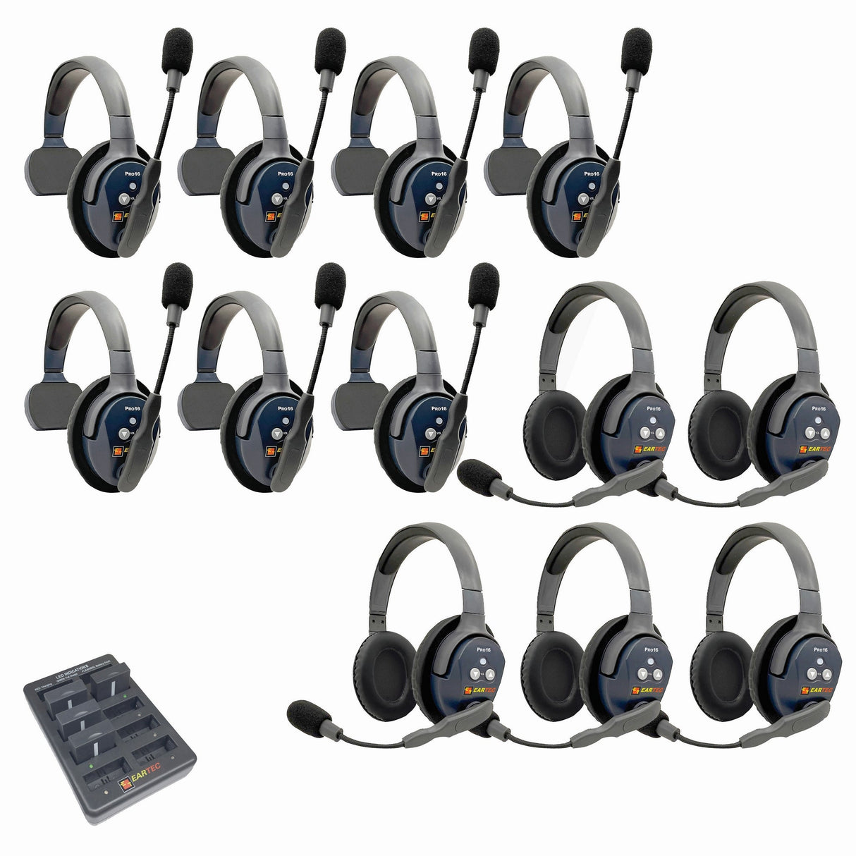 Eartec PRO16 Full Duplex True Wireless Headset Intercom Systems for 12 - 13 Users - 12-Users: 1x Single Main, 6x Single