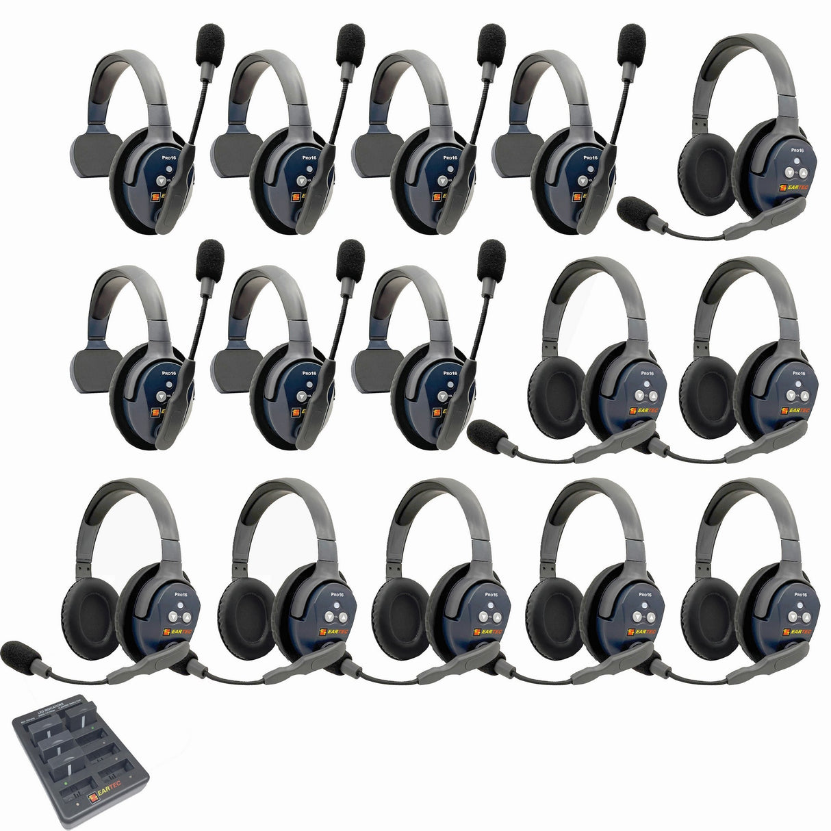 Eartec PRO16 Full Duplex True Wireless Headset Intercom Systems for 15-Users - 1x Single Main, 6x Single Remote, 8x