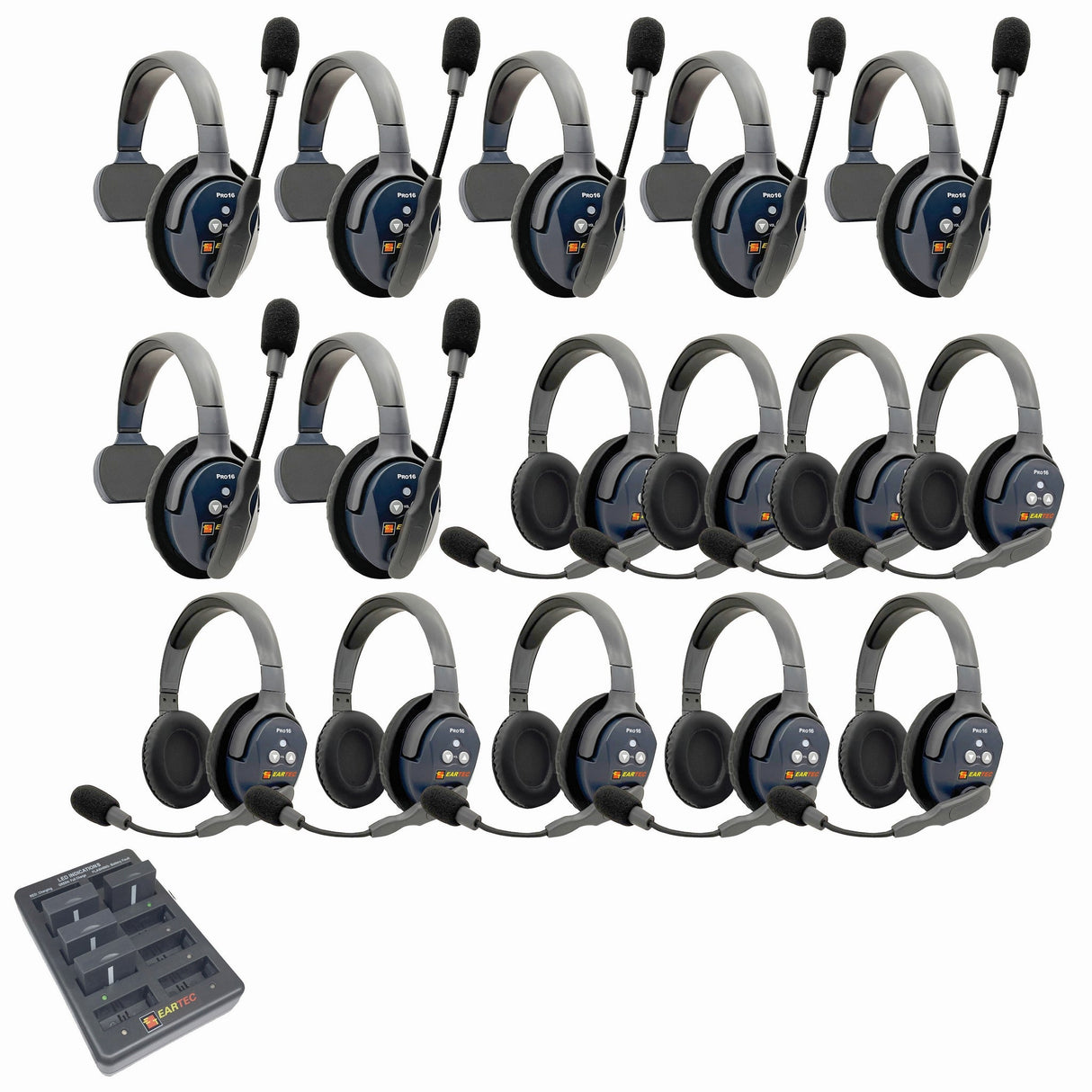 Eartec PRO16 Full Duplex True Wireless Headset Intercom Systems for 16-Users - 1x Single Main, 6x Single Remote, 9x