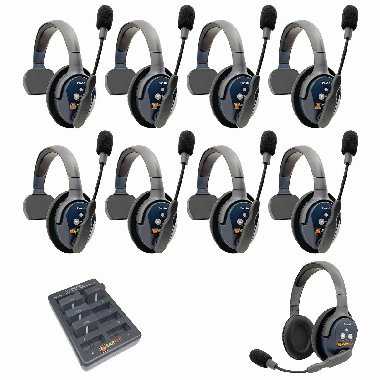 Eartec PRO16 Full Duplex True Wireless Headset Intercom Systems for 7 - 9 Users - 9-Users: 1x Single Main, 7x Single
