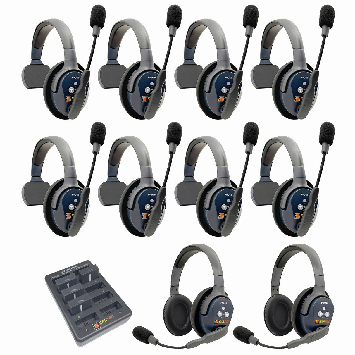 Eartec PRO16 Full Duplex True Wireless Headset Intercom Systems for 10 - 11 Users - 10-Users: 1x Single Main, 7x Single