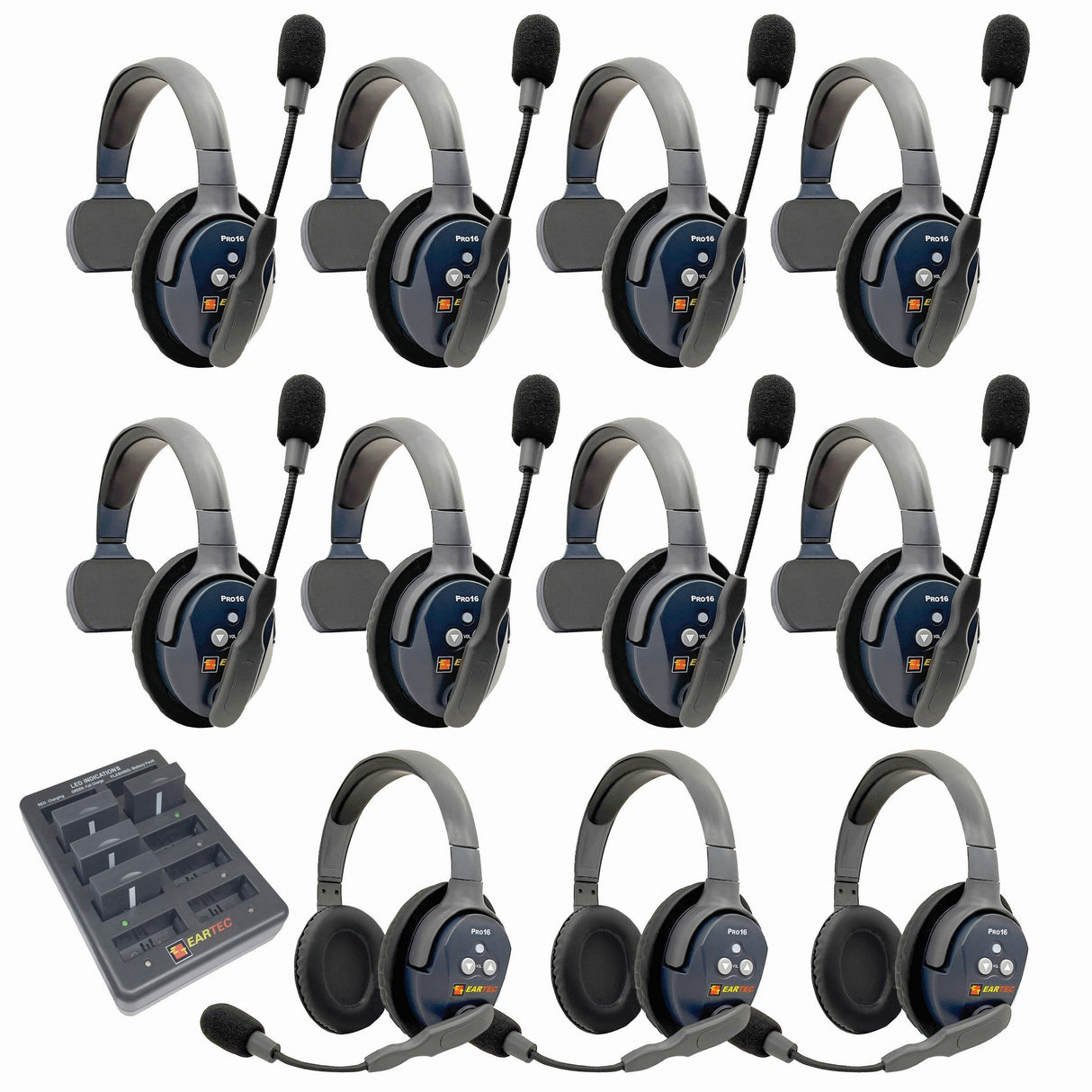 Eartec PRO16 Full Duplex True Wireless Headset Intercom Systems for 10 - 11 Users - 11-Users: 1x Single Main, 7x Single