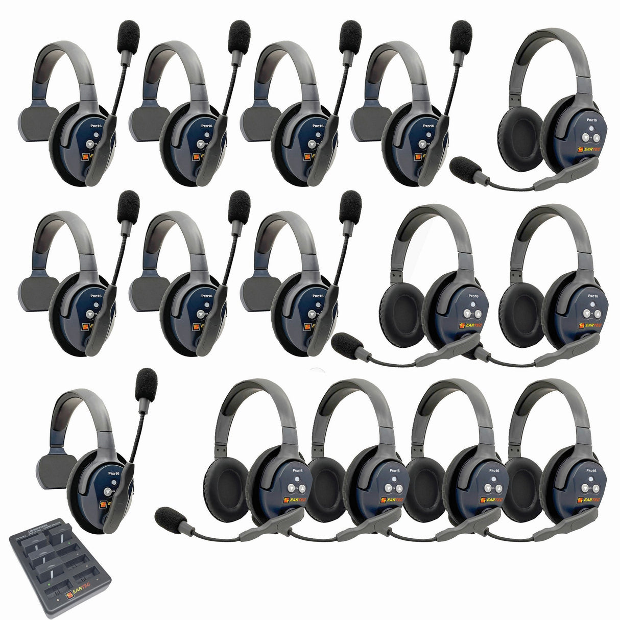 Eartec PRO16 Full Duplex True Wireless Headset Intercom Systems for 15-Users - 1x Single Main, 7x Single Remote, 7x