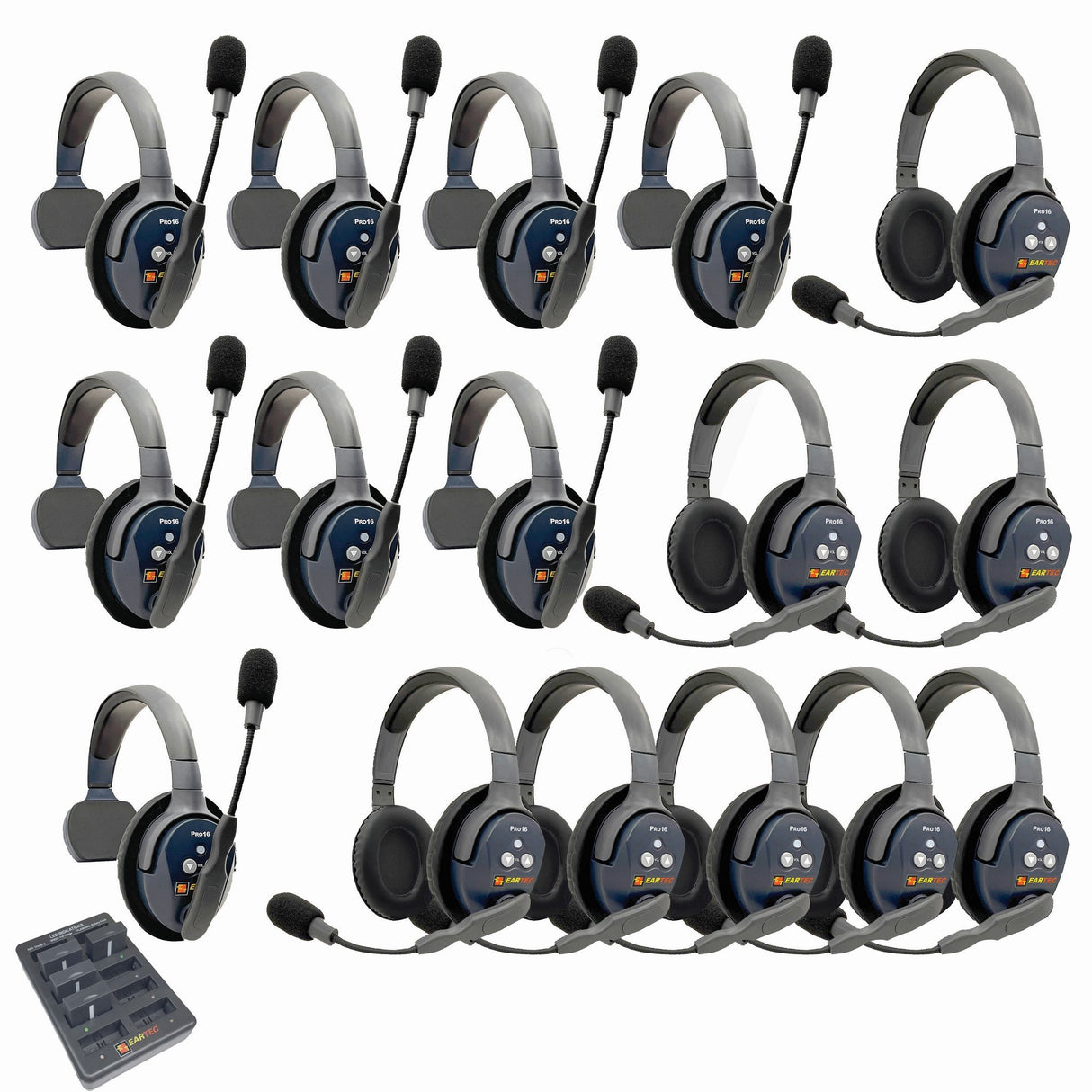 Eartec PRO16 Full Duplex True Wireless Headset Intercom Systems for 16-Users - 1x Single Main, 7x Single Remote, 8x