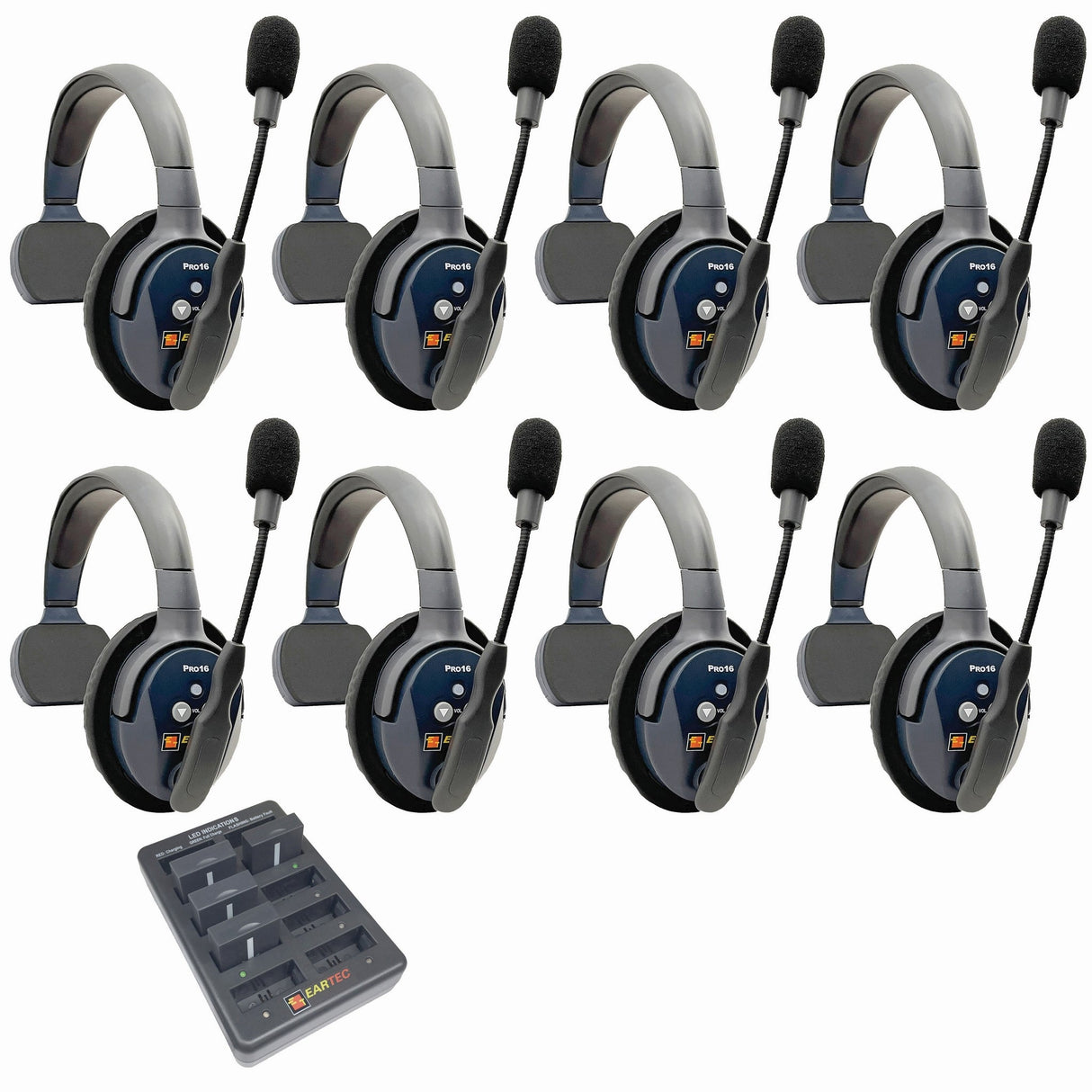 Eartec PRO16 Full Duplex True Wireless Headset Intercom Systems for 7 - 9 Users - 8-Users: 1x Single Main, 7x Single