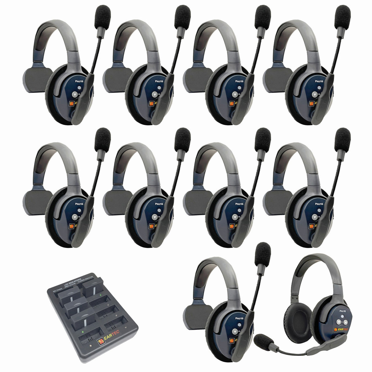 Eartec PRO16 Full Duplex True Wireless Headset Intercom Systems for 10 - 11 Users - 10-Users: 1x Single Main, 8x Single
