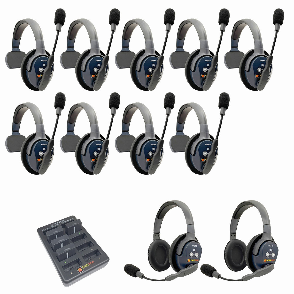 Eartec PRO16 Full Duplex True Wireless Headset Intercom Systems for 10 - 11 Users - 11-Users: 1x Single Main, 8x Single