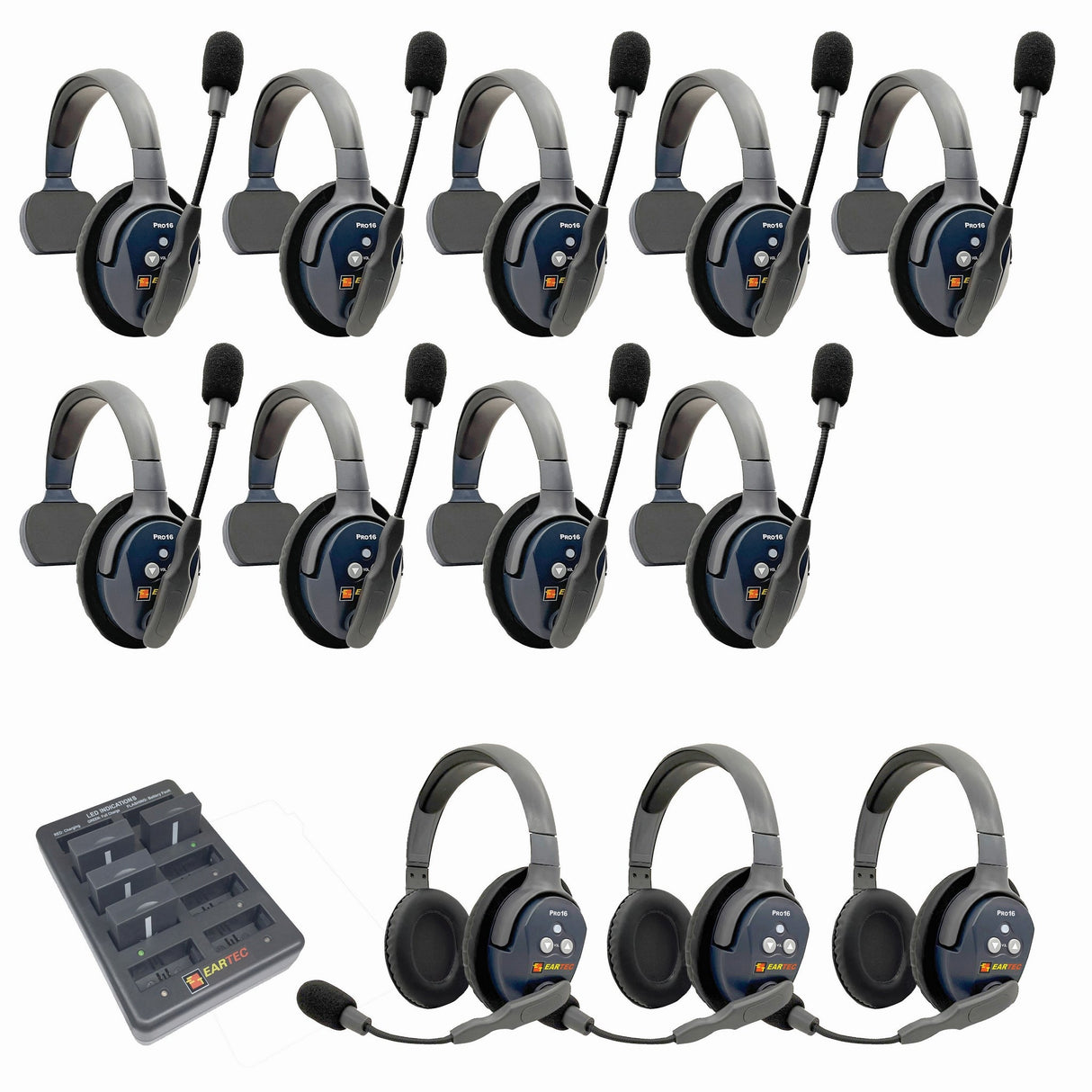 Eartec PRO16 Full Duplex True Wireless Headset Intercom Systems for 12 - 13 Users - 12-Users: 1x Single Main, 8x Single